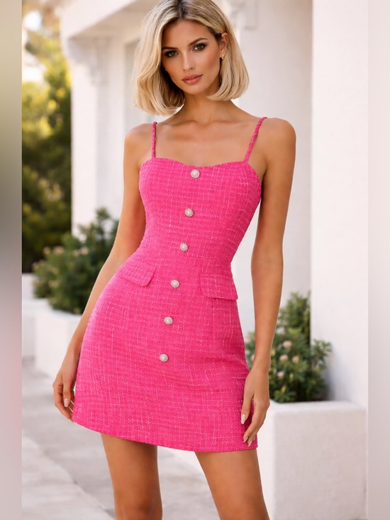Dresses & Skirts - Pink Tweed Plaid Button-Front Mini Dress